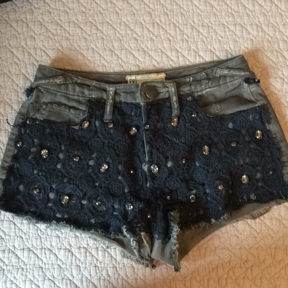 free people gray crochet rhinestone denim shorts
